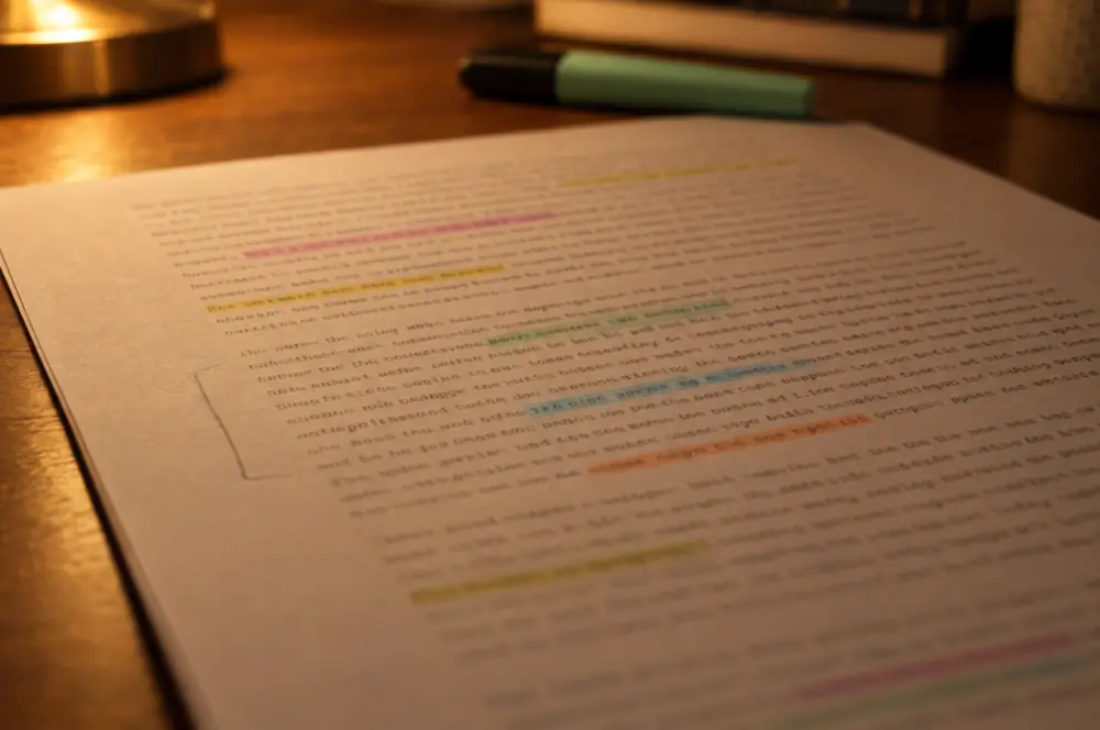 A printed essay page with passages marked in five highlighter colours